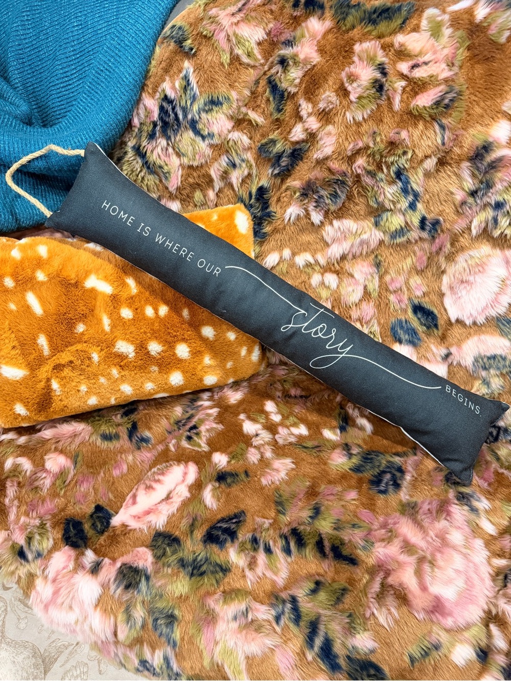 Home is Where Our Story Begins Black & Cream Pillow With Rope Handle